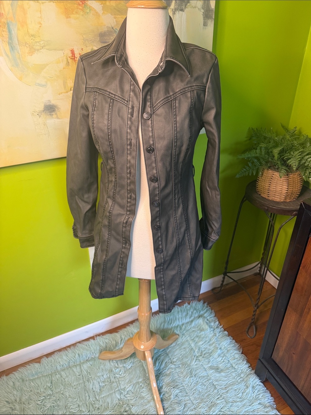 stradivarius Women's Long Faux Leather Jacket in Charcoal Black